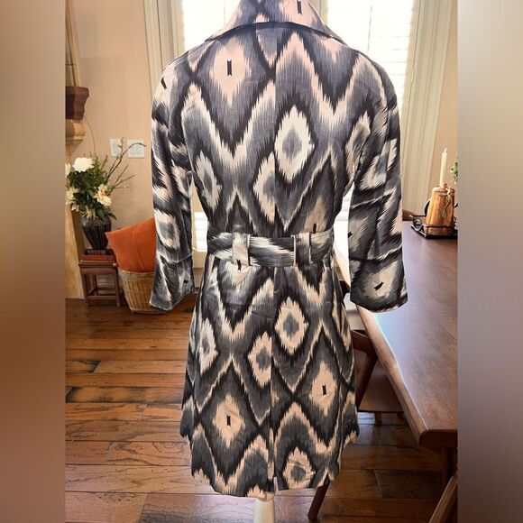 Vertigo Paris Belted Trench Coat XS Blue White Grey Ikat Print Double Breasted - Picture 6 of 8
